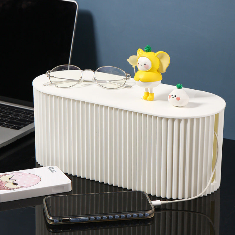 White ribbed cable organizer box with oval lid