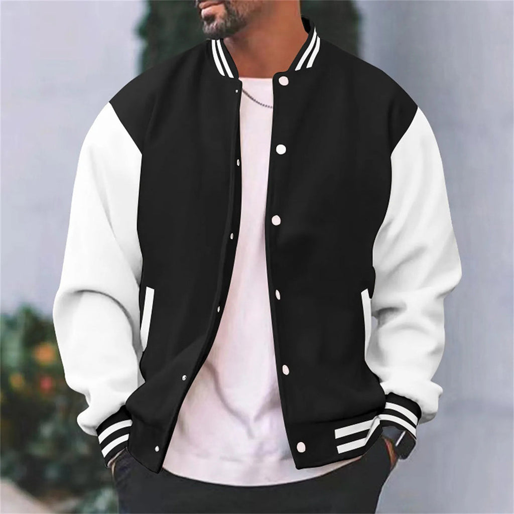 Woven fabric baseball jacket with snap-button closure and ribbed collar for men