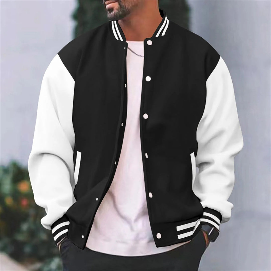 Woven fabric baseball jacket with snap-button closure and ribbed collar for men