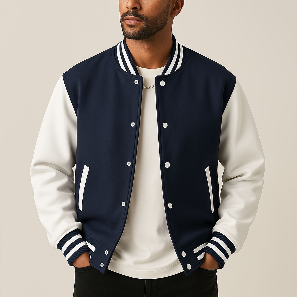 Men's varsity jacket with contrast sleeves and striped ribbed trims at hem