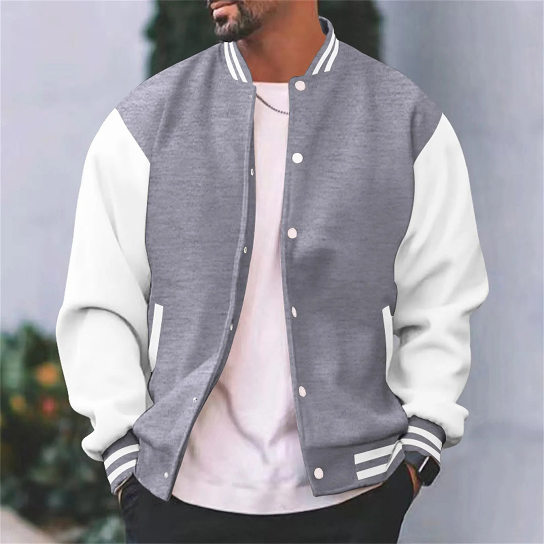 Men's woven baseball jacket with panel construction and ribbed collar