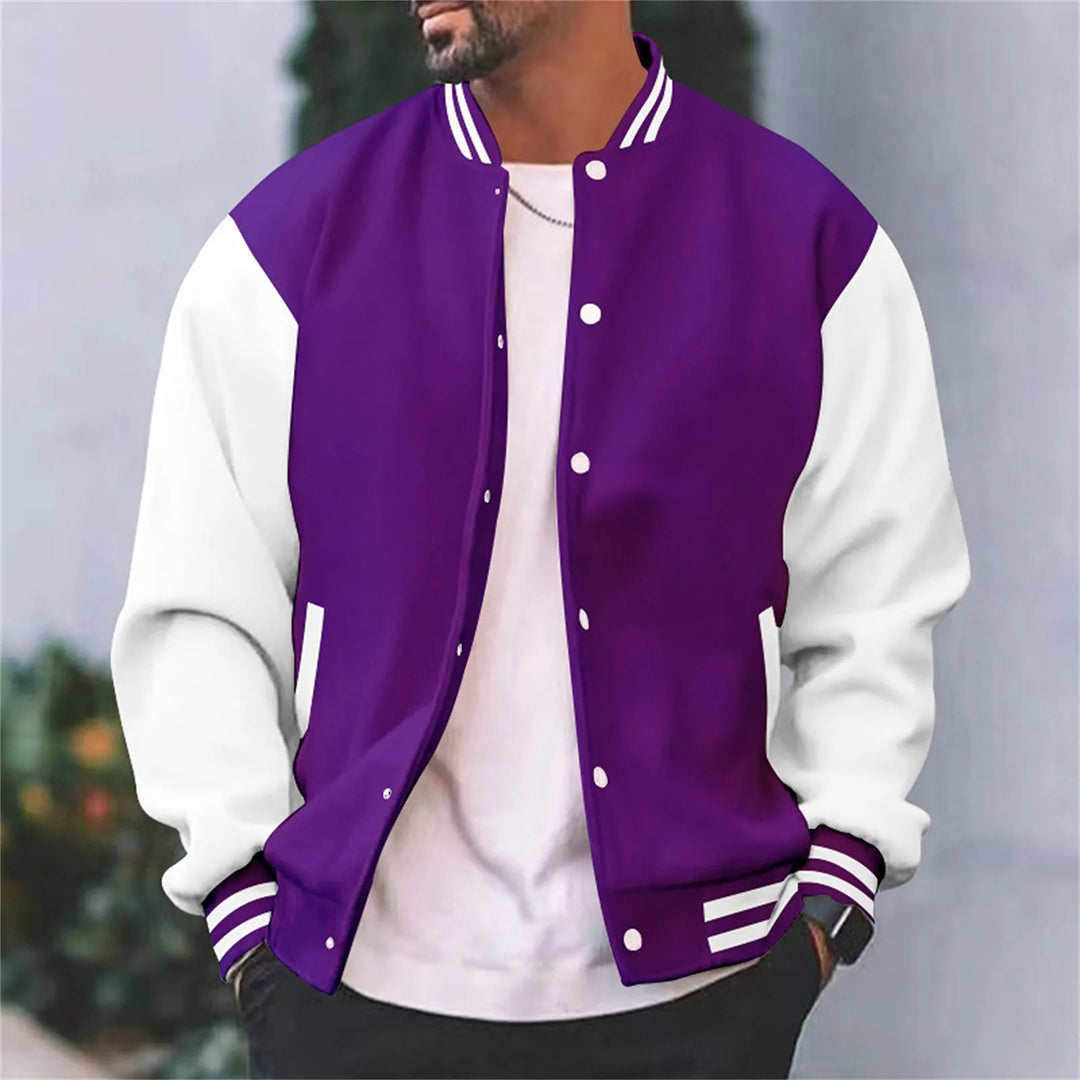 Men's varsity jacket with contrast sleeves and snap-button front closure