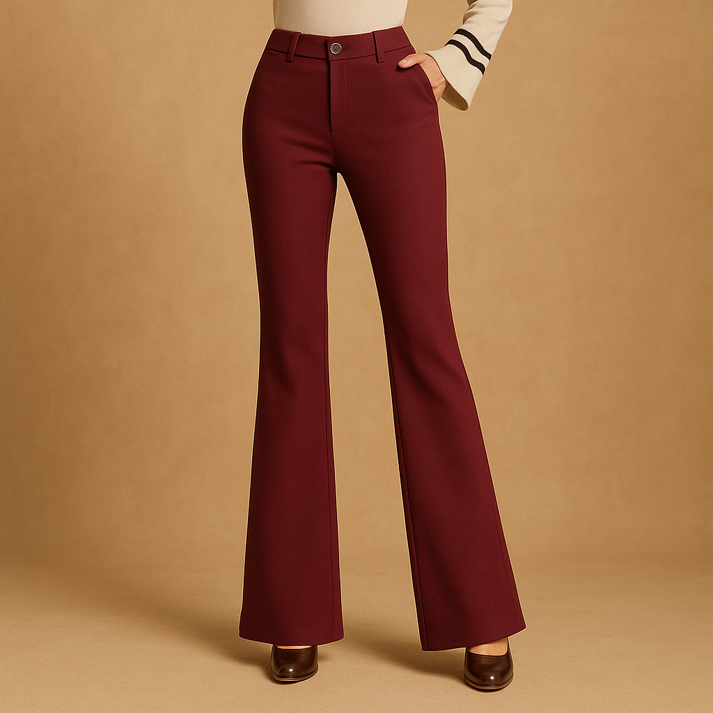 Burgundy high-waist flared trousers with front button closure