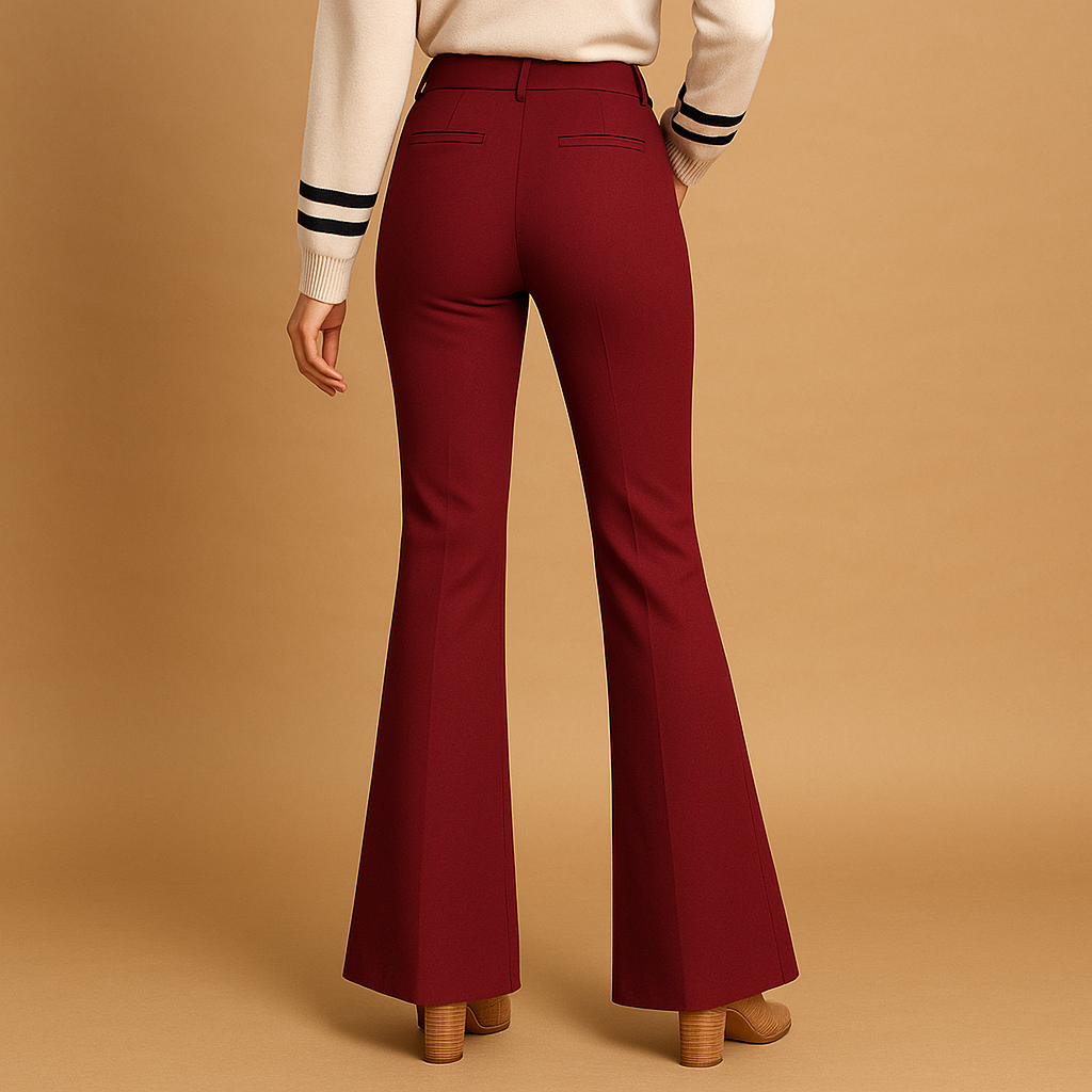 Back view of burgundy high-waist flared trousers with tailored fit.
