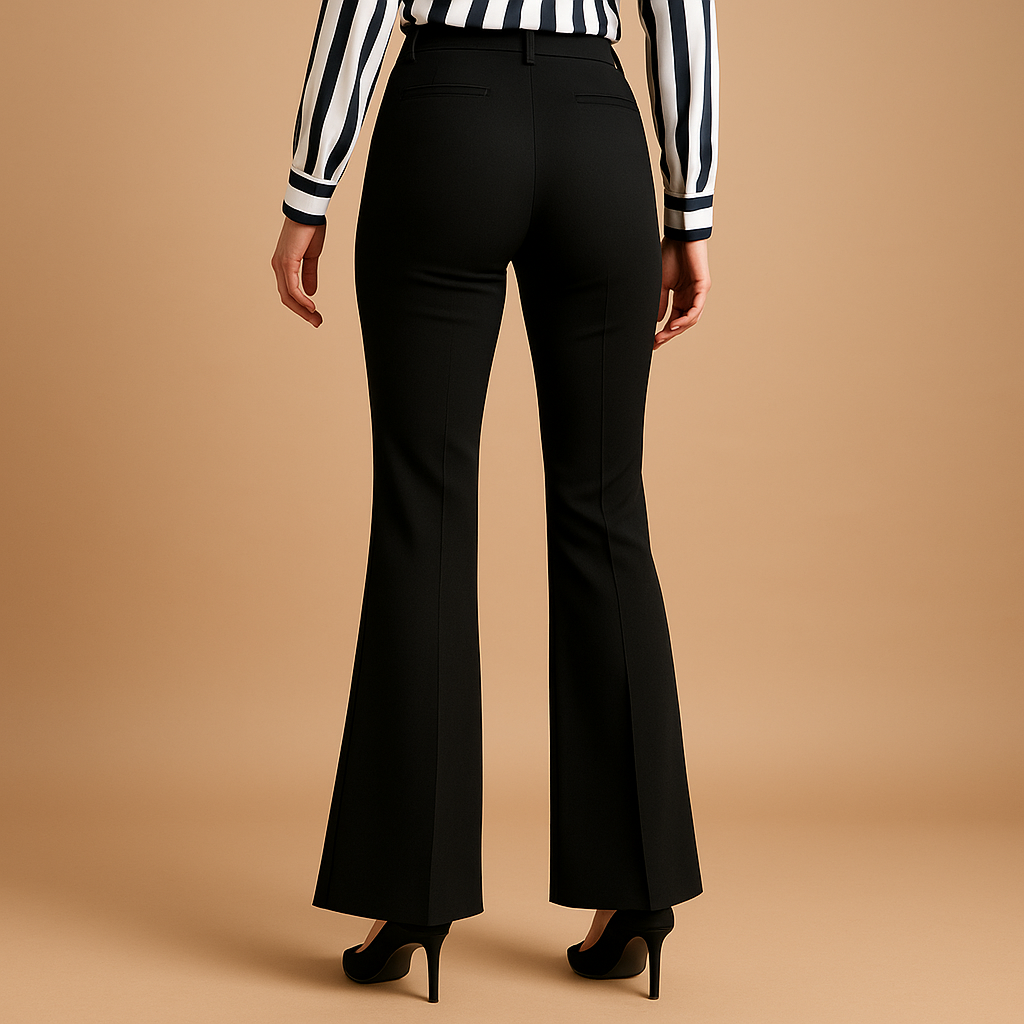 Back view of black high-waist flared trousers with wide flare legs