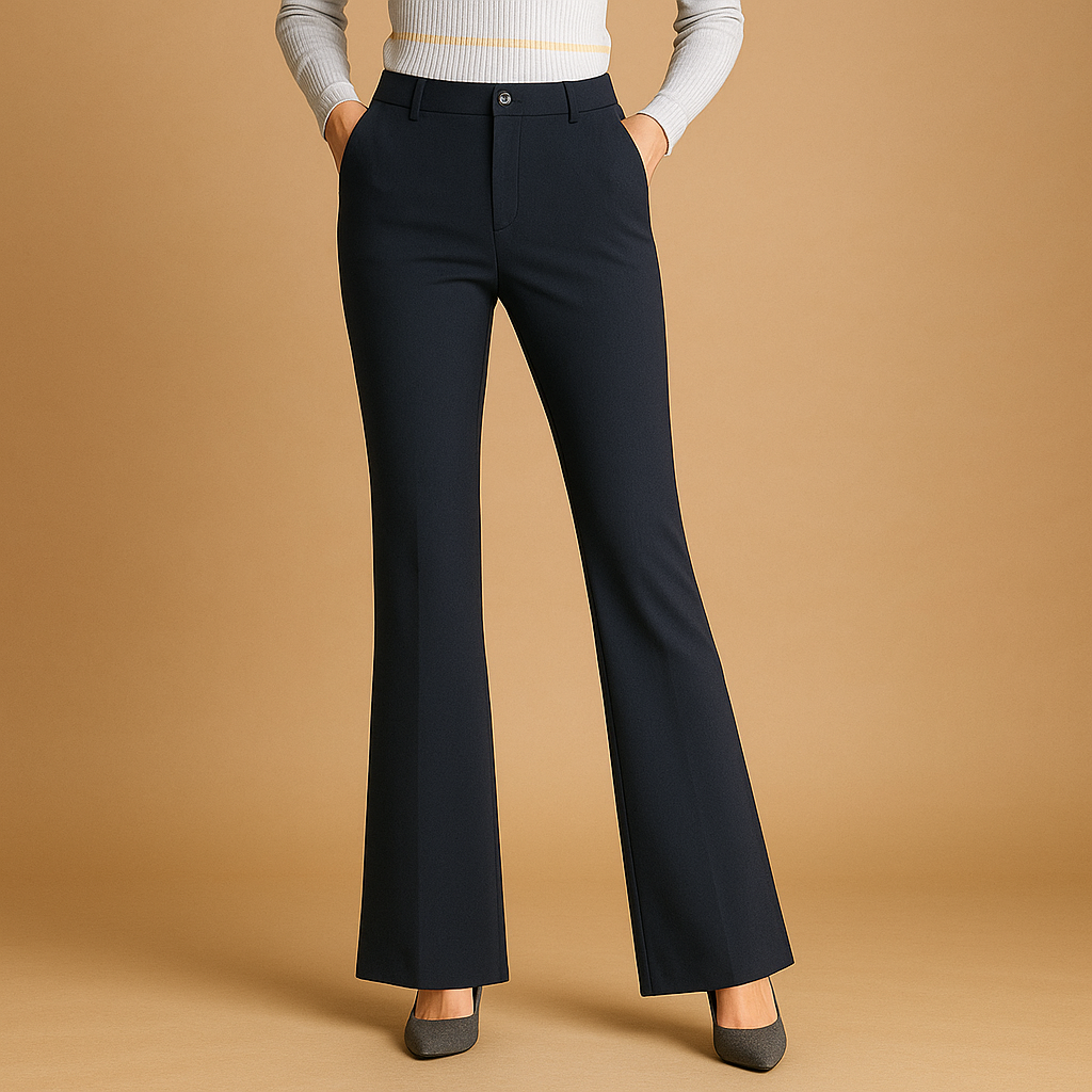 Navy high-waist flared trousers with minimalist tailored design