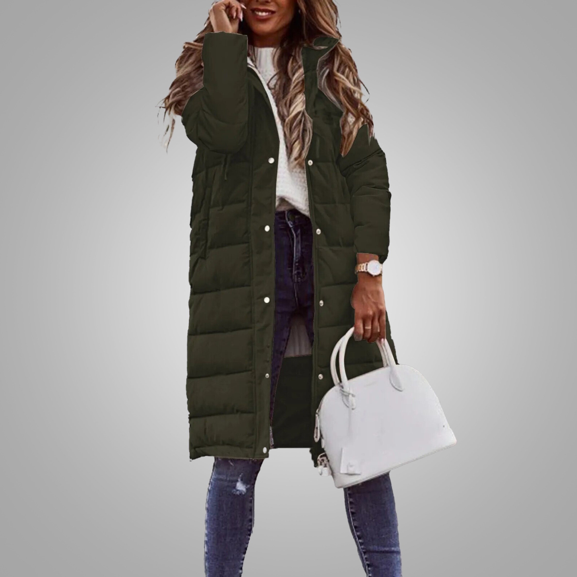 Padded long coat with horizontal quilting and straight hem, regular fit, women, studio view