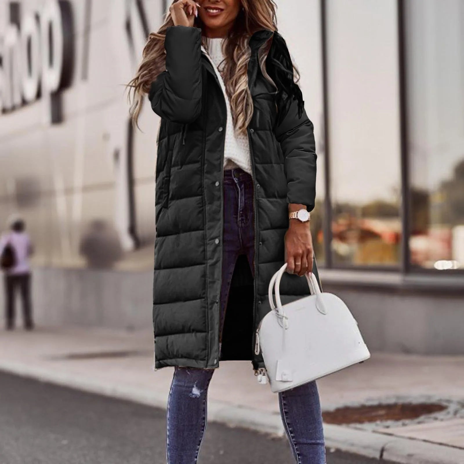 Padded long coat with high collar and front snap buttons, regular fit, women, worn outdoors