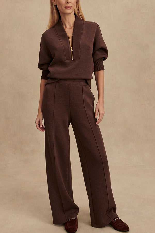 Knit loungewear set with half-zip top and wide-leg pants, relaxed fit, women