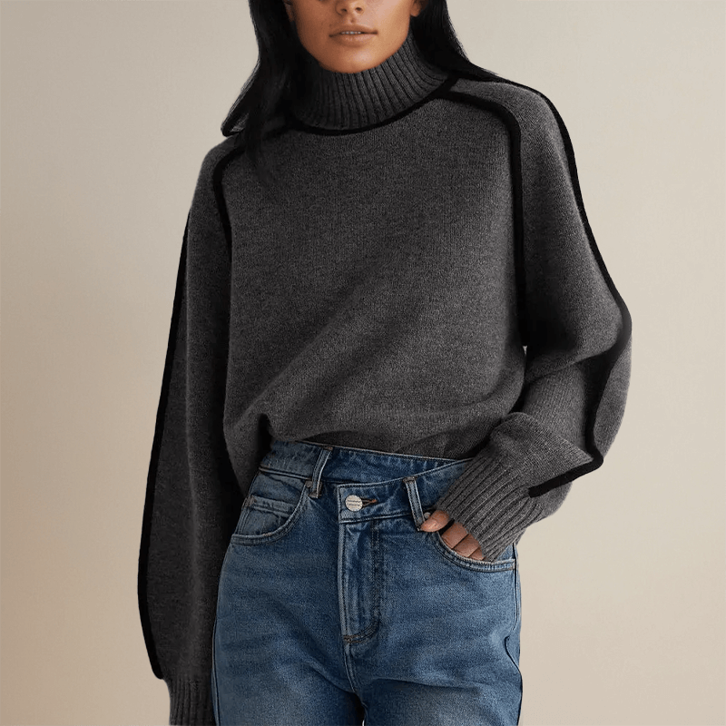 Women's oversized knit jumper with contrast trim and ribbed turtleneck