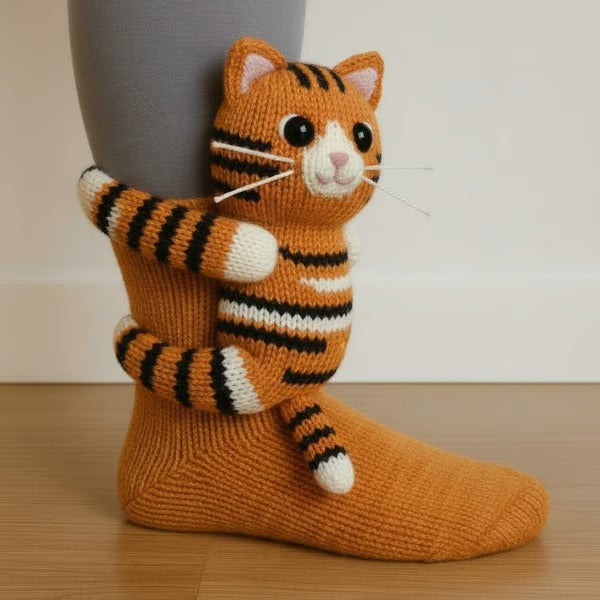 Knit crew socks with raised plush animal detail, stretch fit, women, side view