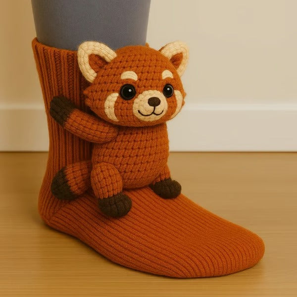 Knit crew socks with three-dimensional animal element and textured knit, women