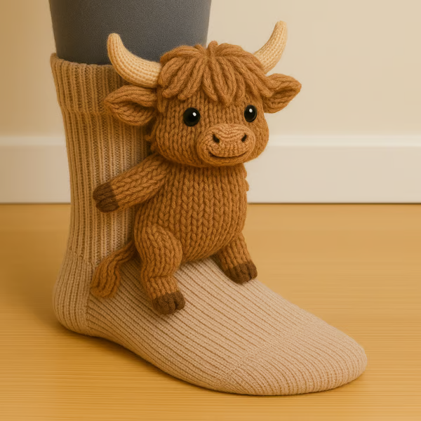 Knit crew socks with integrated plush figure and ribbed texture, women, worn