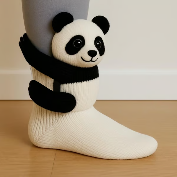 Knit crew socks with three-dimensional character at ankle, ribbed, women