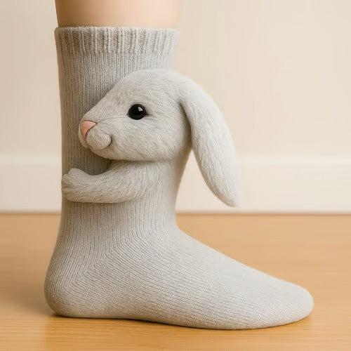 Knit crew socks with novelty animal motif and soft construction, women, worn
