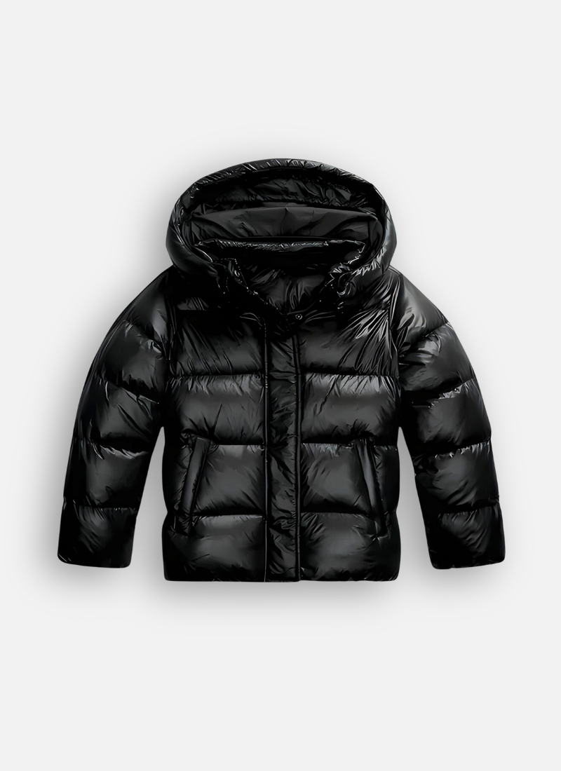 Black glossy hooded padded puffer jacket for women with quilted design and front zip closure