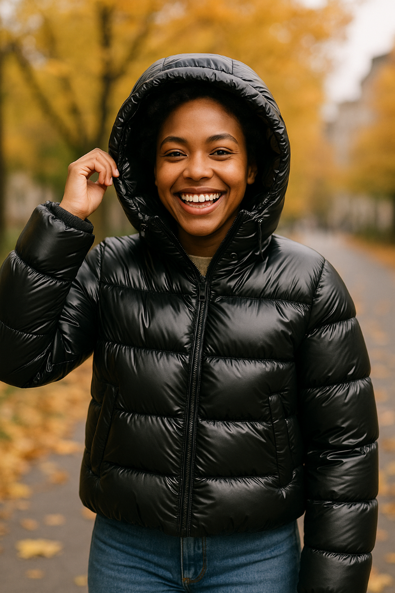 Women’s black shiny hooded puffer jacket worn outdoors in autumn, warm quilted winter coat