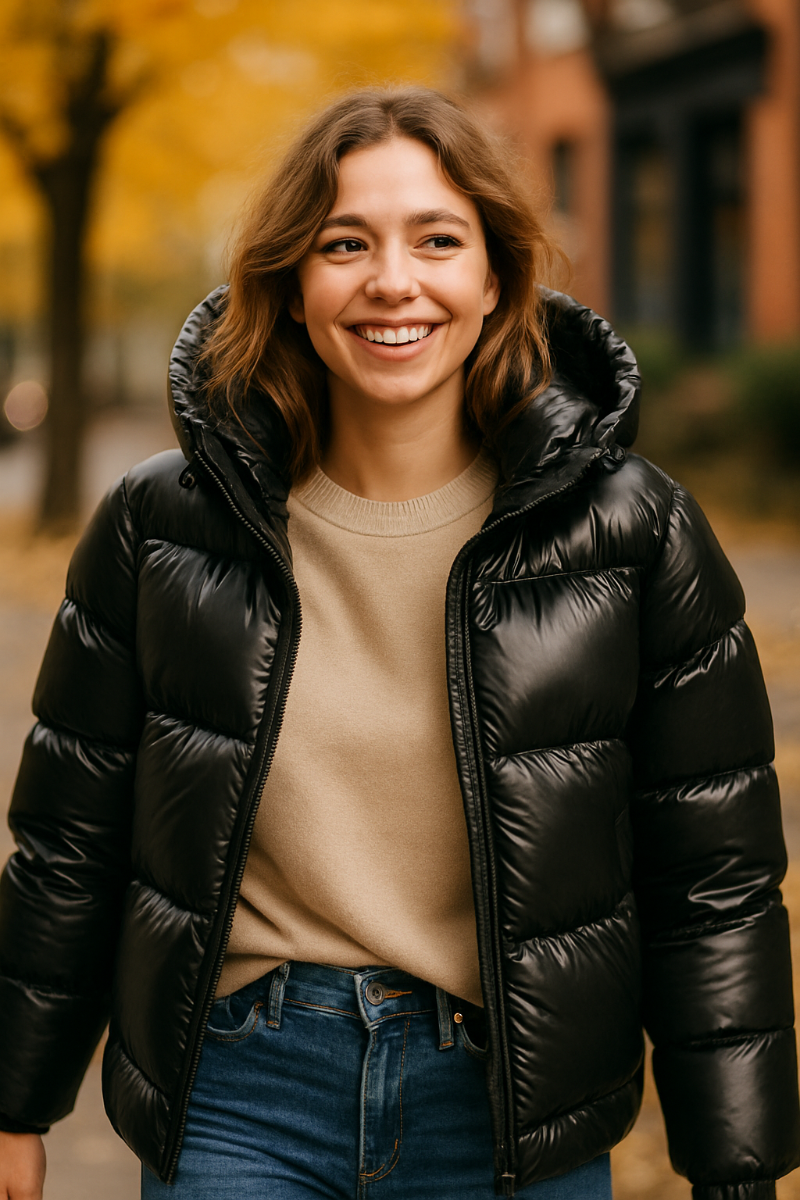 Women’s black glossy quilted puffer jacket with hood, casual street style winter outerwear