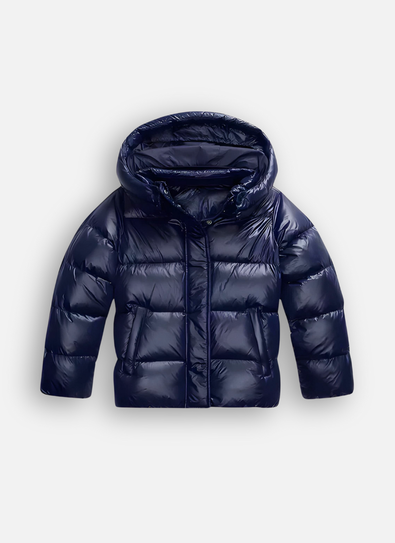 Navy blue glossy hooded padded puffer jacket for women with quilted panels and zip fastening