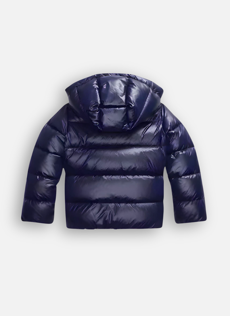 Back view of navy blue shiny hooded puffer jacket for women with quilted padded winter design