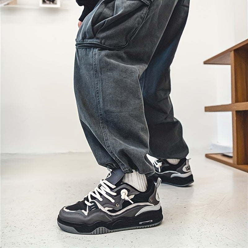 Men's bulky sneaker with multi-layer panel construction and thick rubber sole