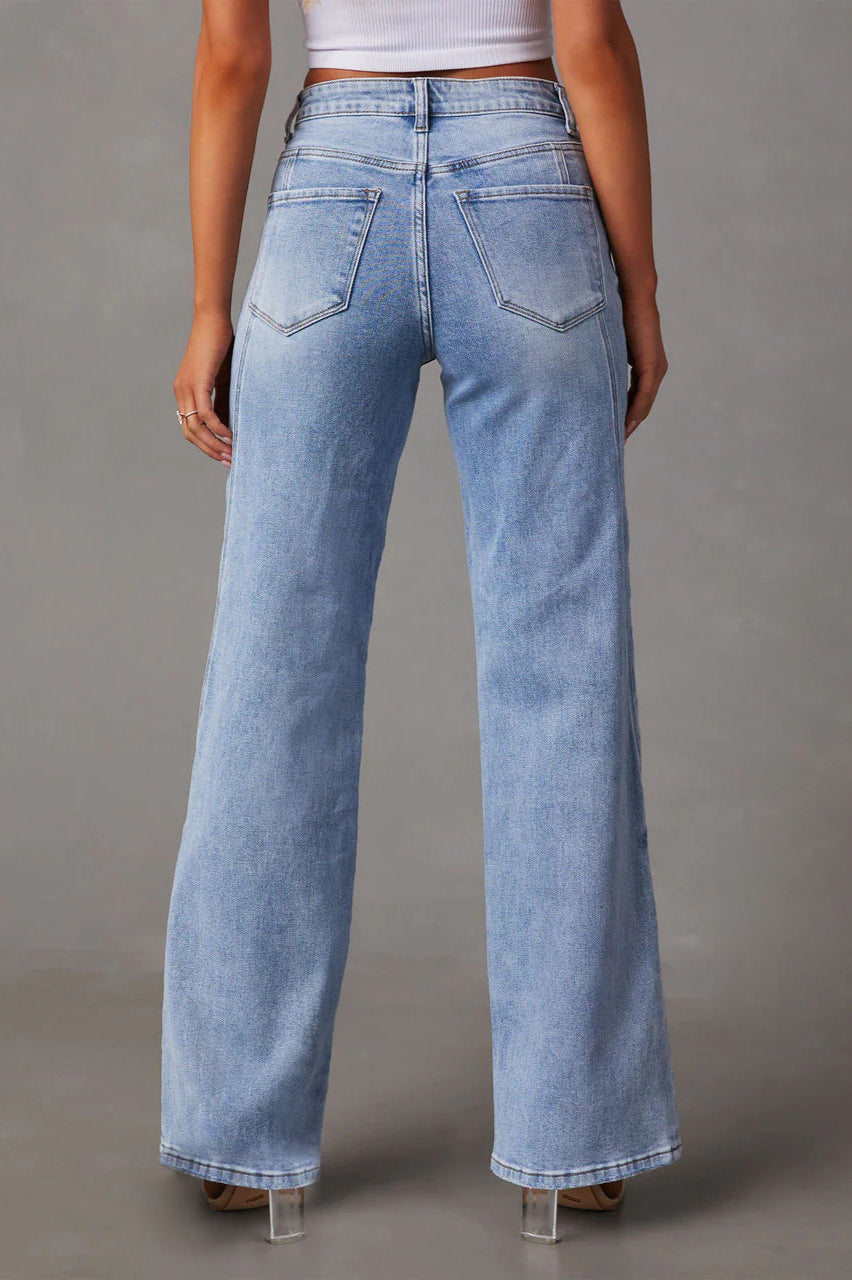Denim wide-leg jeans with full-length legs and structured waistband, casual fit, women, studio view