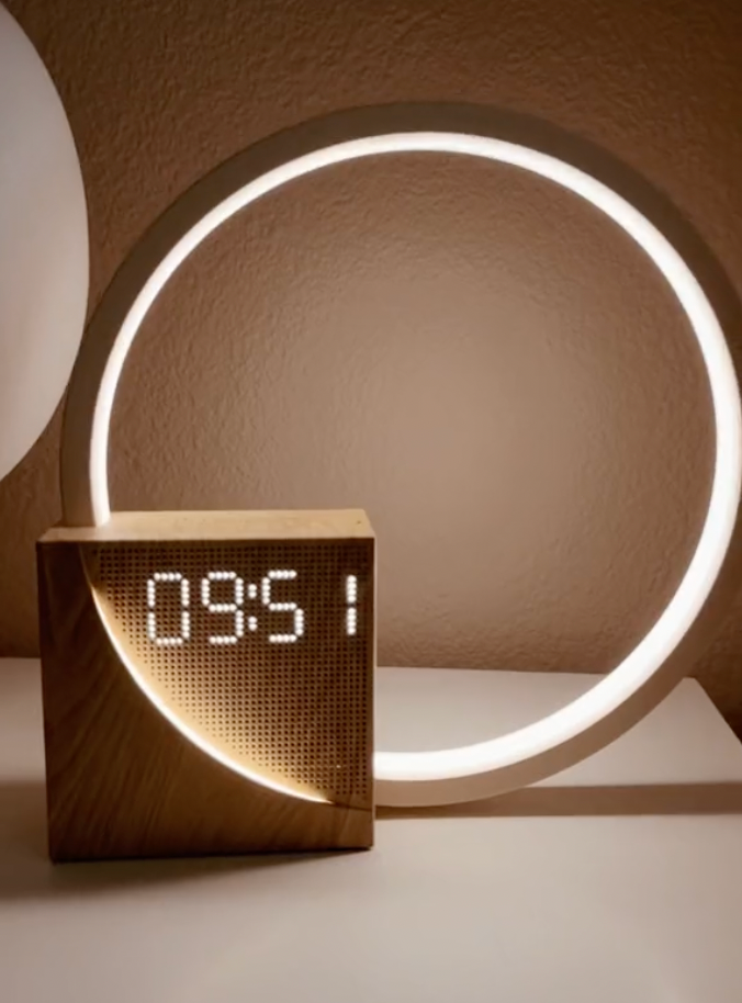 Plastic LED ring alarm clock with illuminated circular frame and front time display