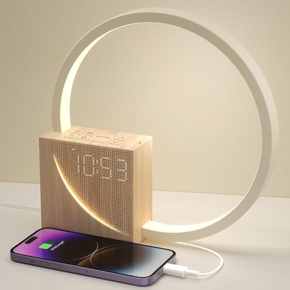 Plastic LED ring alarm clock with glowing ring frame and digital number display, compact design