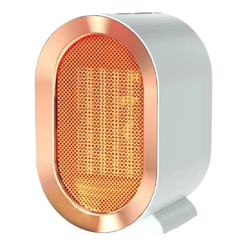 White compact electric heater with gold frame, front view on white background