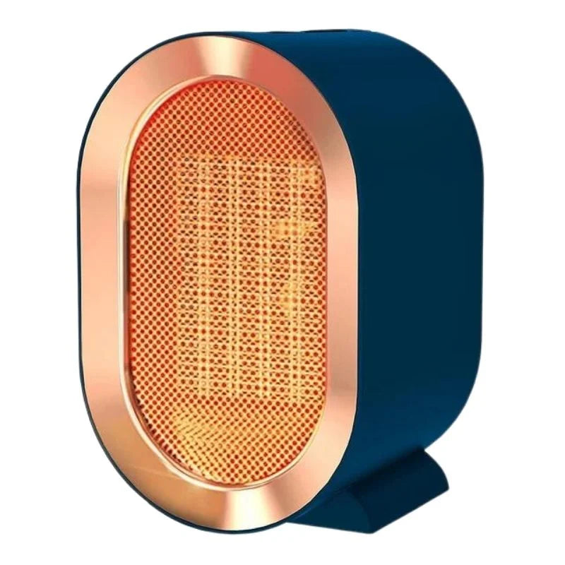 Blue compact electric heater with gold frame, front view on white background