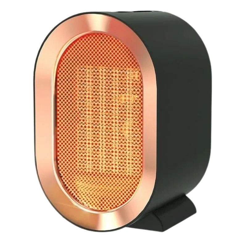 Black compact electric heater with gold frame, front view on white background