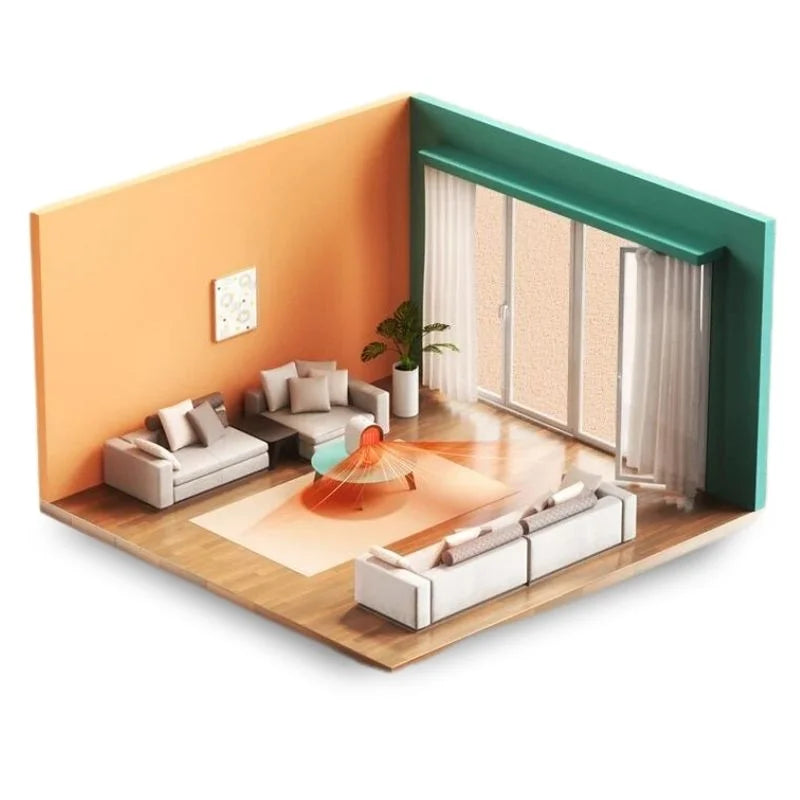 Mini heater warming a living room illustration with heat distribution shown