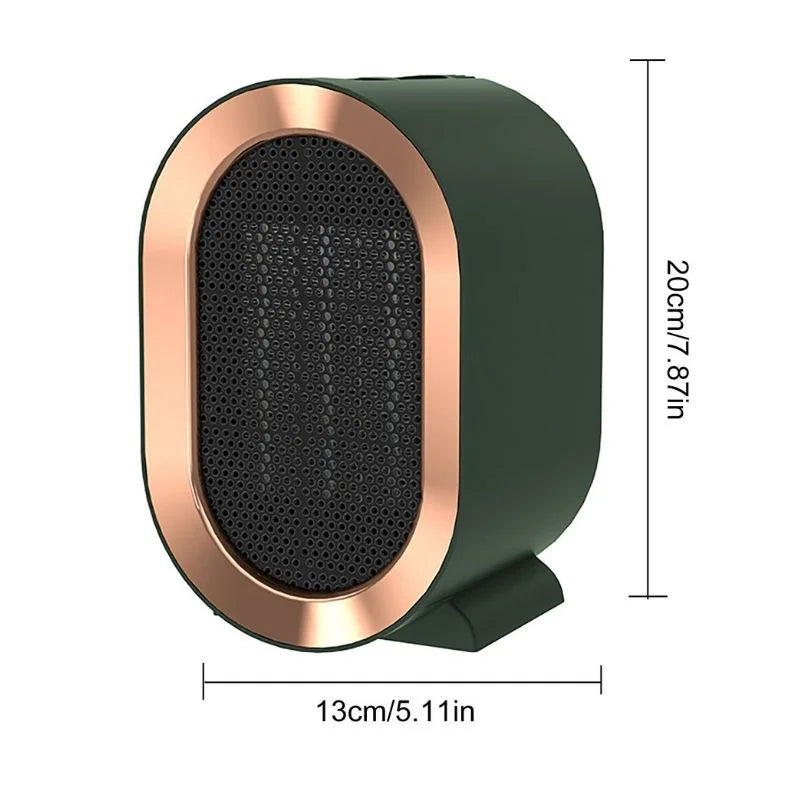 Green compact electric heater with size dimensions displayed (20 cm x 13 cm)