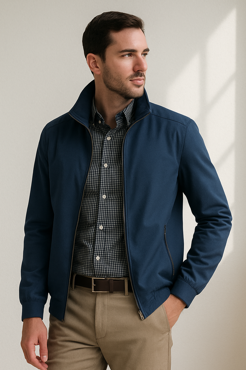Woven zip-up jacket with stand collar and side pockets for men