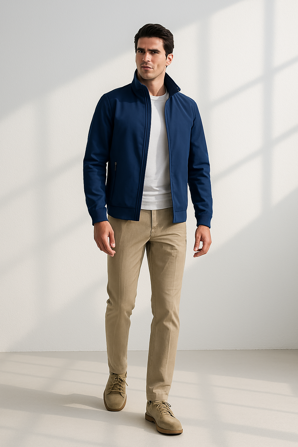 Lightweight woven jacket with front zip and straight hem for men