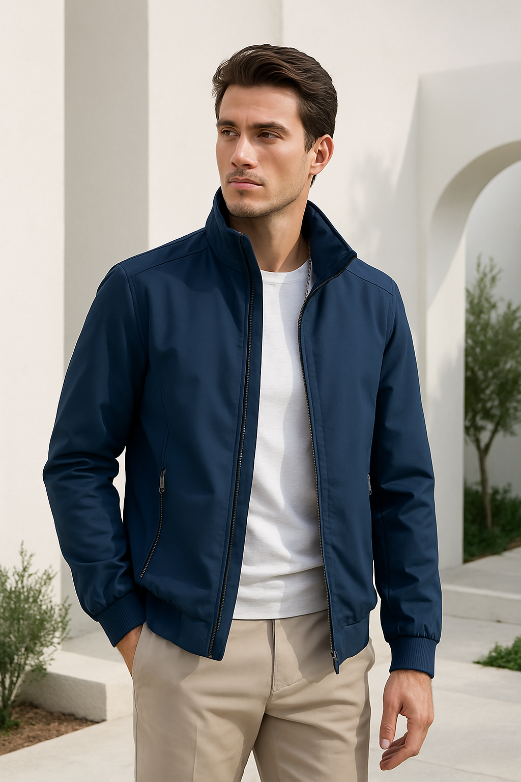 Men's regular fit jacket with stand collar and angled zip pockets