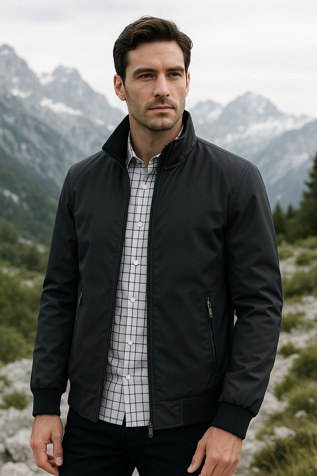 Smooth woven zip-up jacket with long sleeves and stand collar men