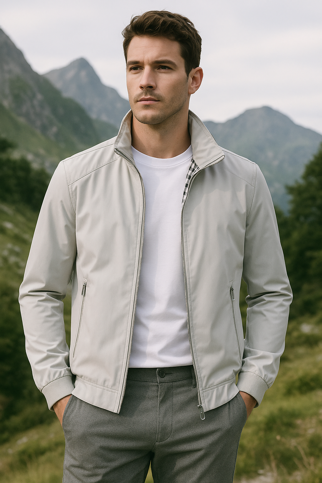 Men's structured jacket with front zip closure and side zip pockets