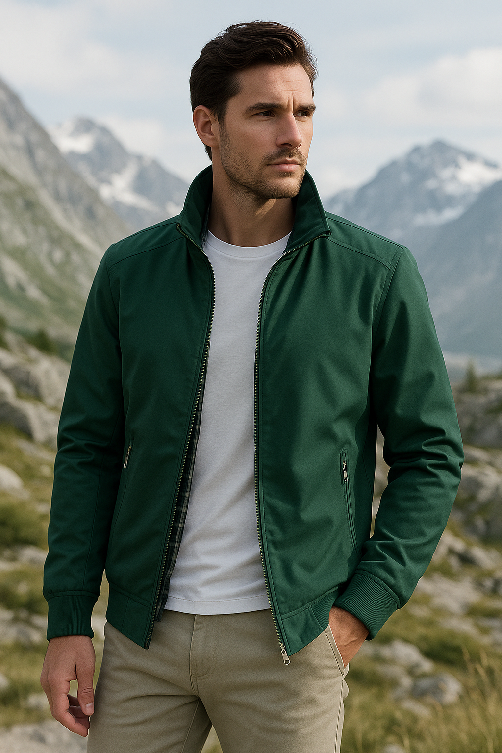 Woven mid-season jacket with stand collar and straight hem for men