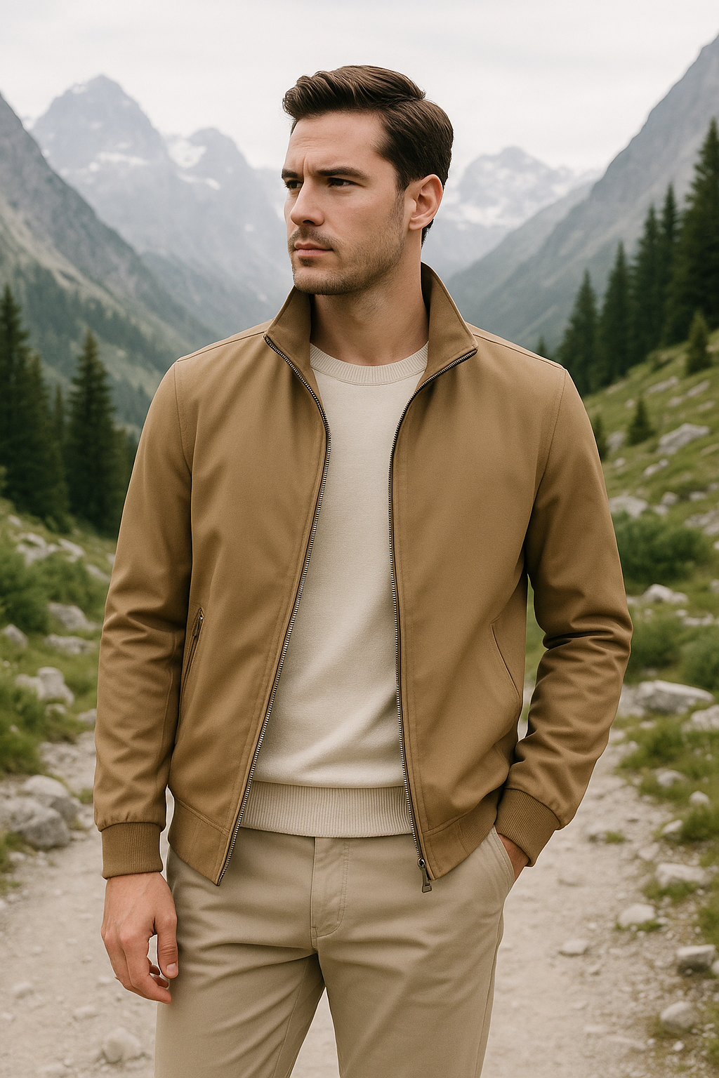 Men's zip-up jacket with angled side pockets and cuffed long sleeves