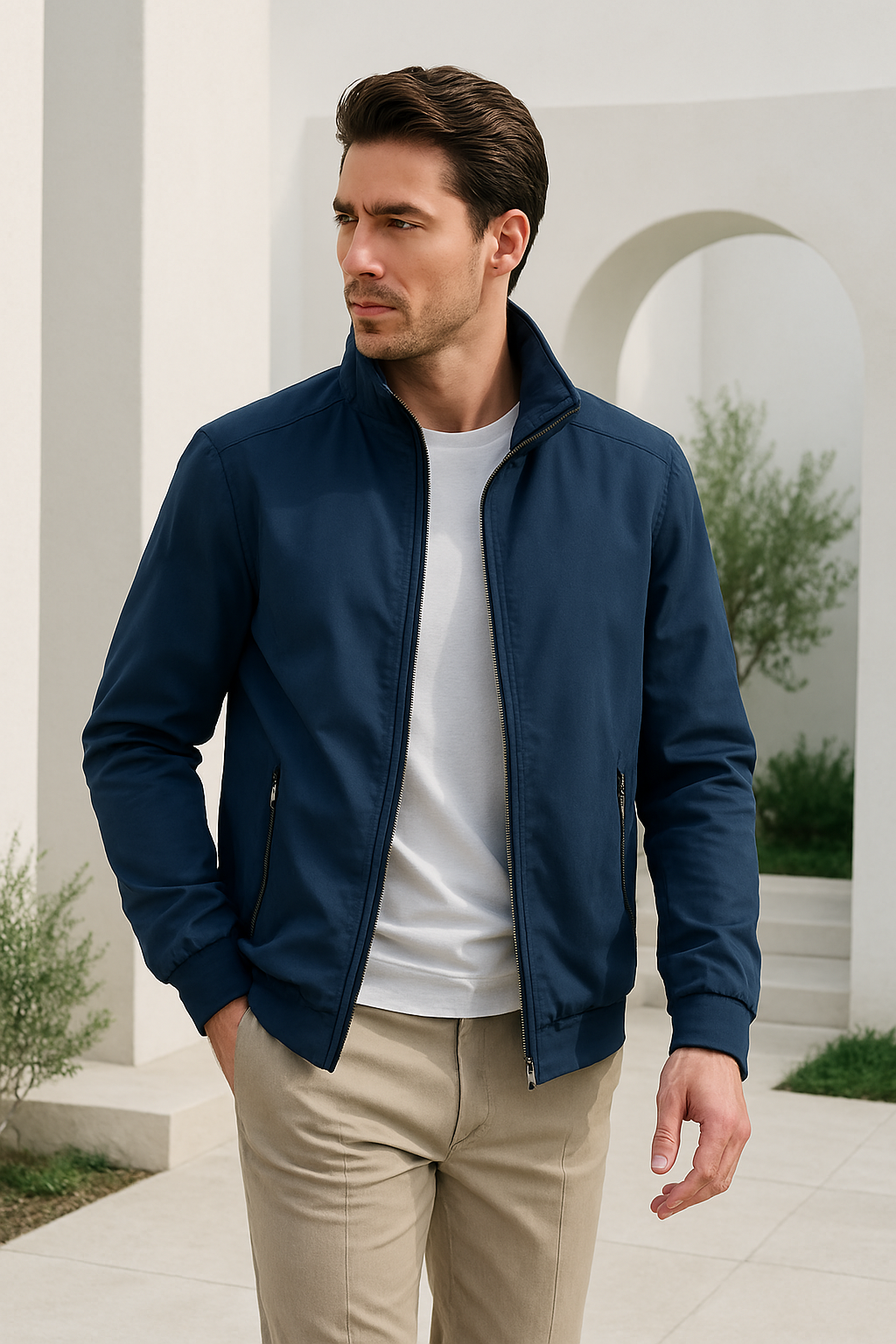 Regular fit woven jacket with stand collar and front zip for men