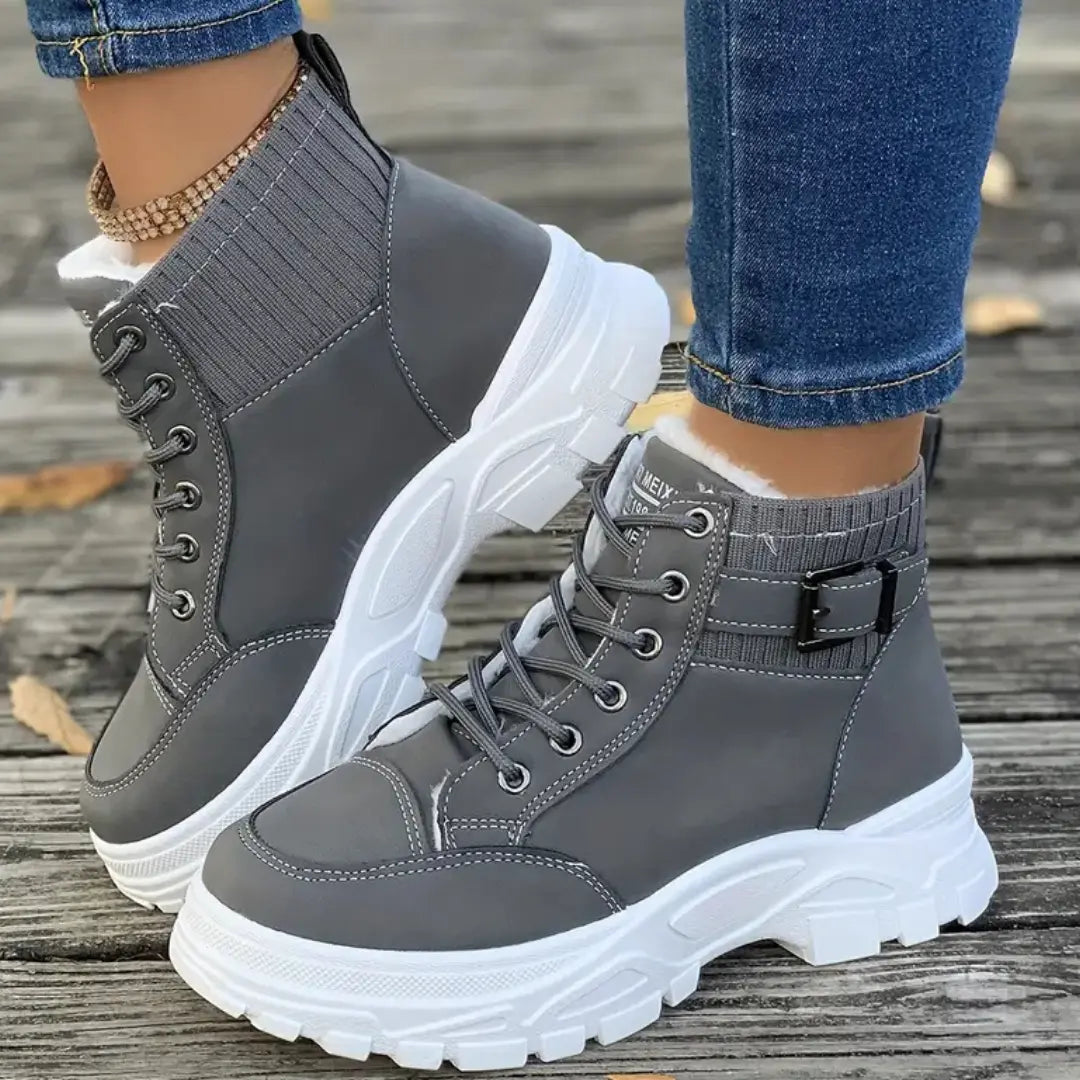 Synthetic leather ankle boots with side panel detail and platform sole, ankle cut, women