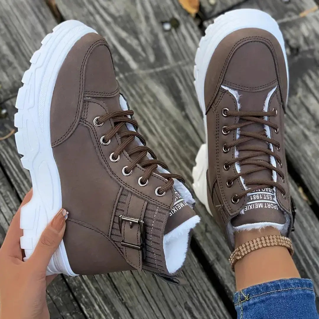 Synthetic leather ankle boots with lace-up front and buckle strap, high shaft, women, top view