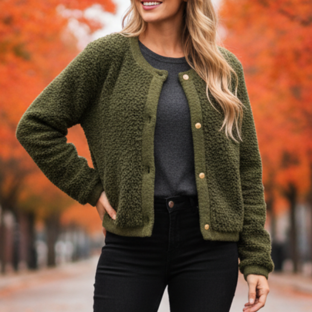 Textured jacket with button closure, round neck, long sleeves, women