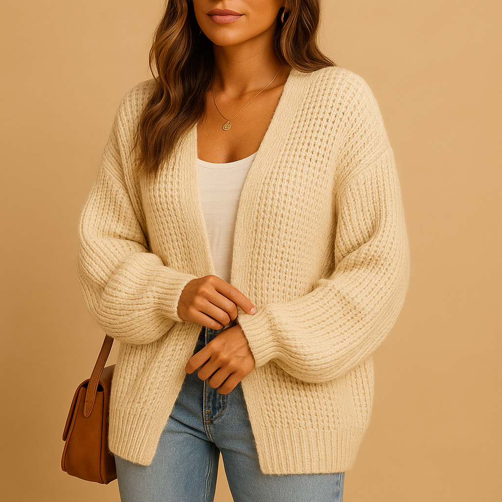 Beige chunky knit cardigan with open front and long sleeves for women