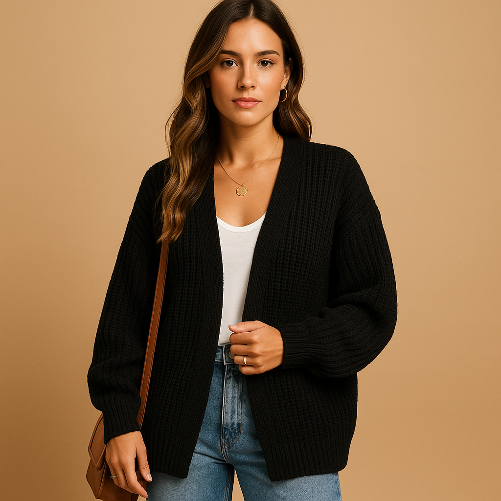 Black knit open-front cardigan for women with relaxed fit and long sleeves