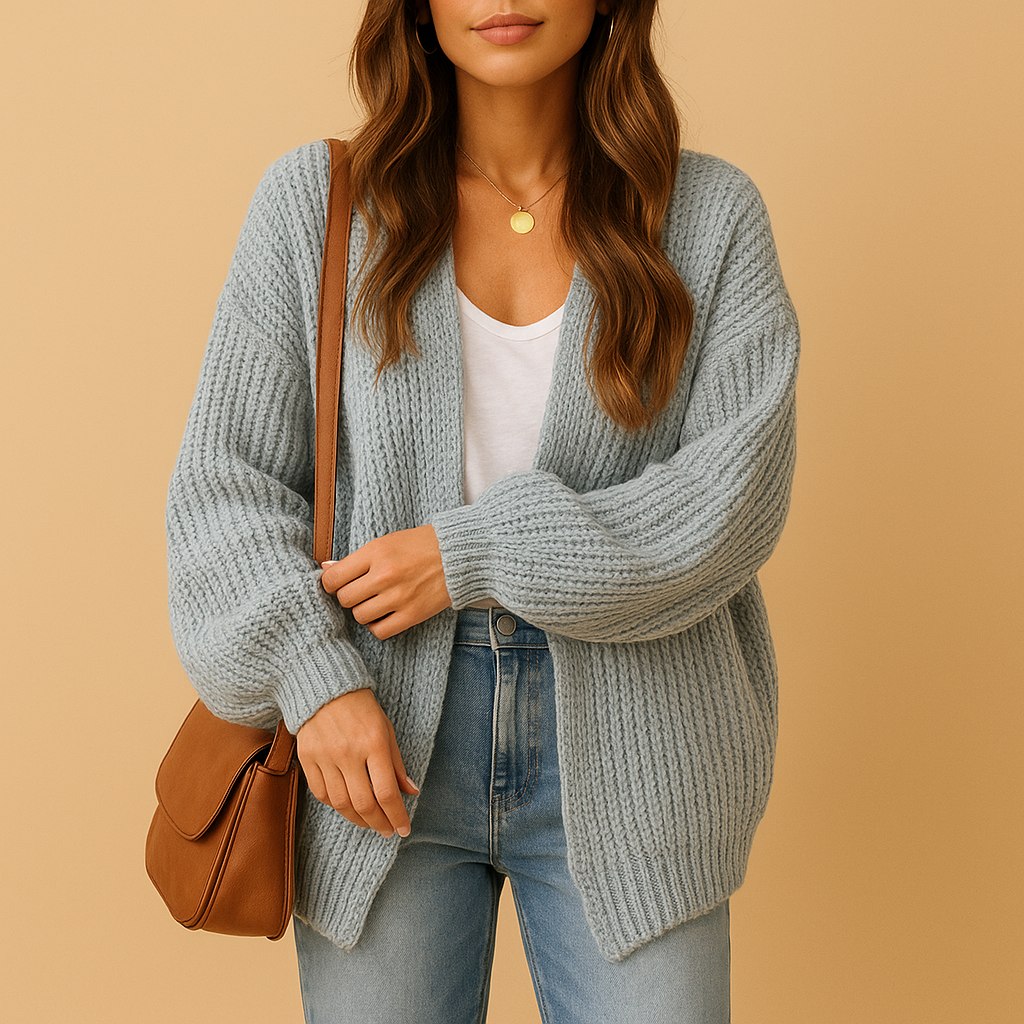 Light blue knitted open-front cardigan for women with textured knit.