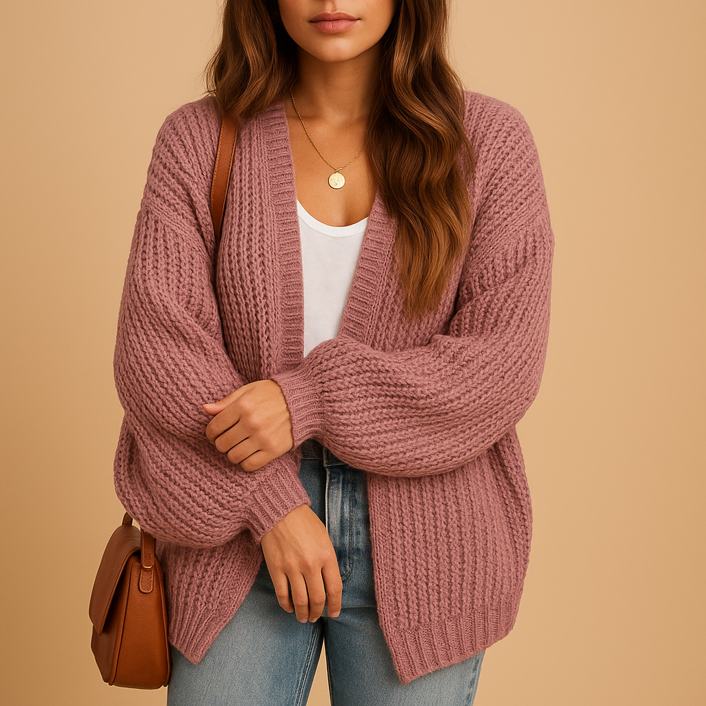Pink knit cardigan for women with open front and soft textured fabric