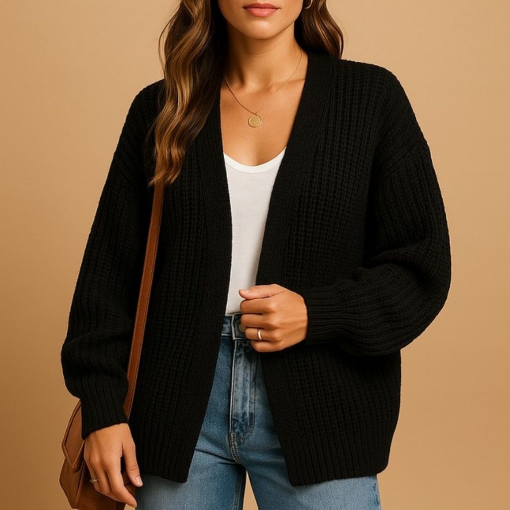 Black textured knit cardigan for women with open front and long sleeves