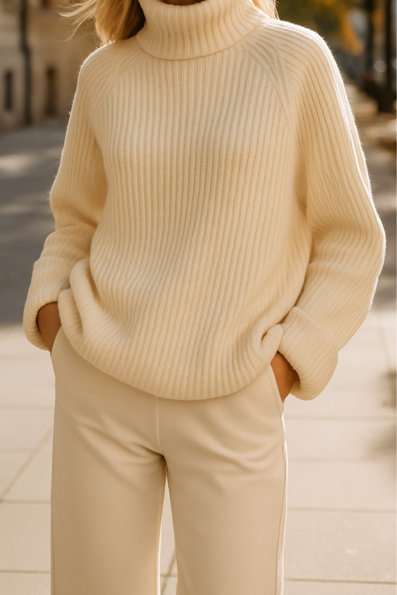 Ribbed knit lounge co-ord with turtleneck top, quilted sleeveless vest and straight leg pants